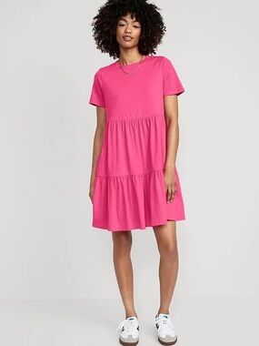 Old Navy Hot Pink Short Sleeve Tiered Midi Dress
